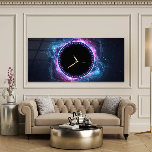Neon Halka Detaylı Kozmik Galaksi Temalı Cam Saatli Tablo 4 mm