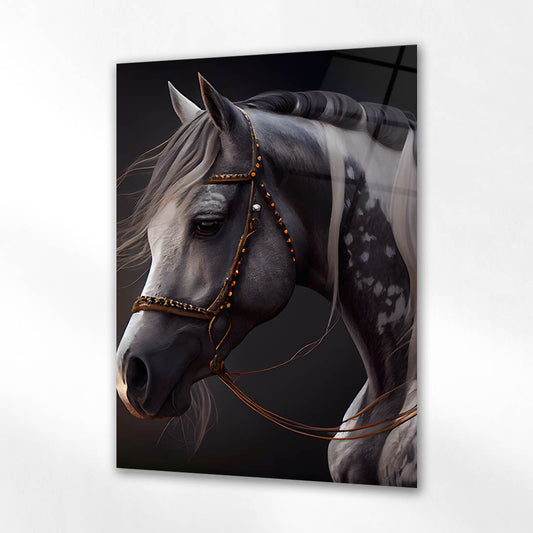 Siyah Beyaz At Lüks Portre Cam Tablo