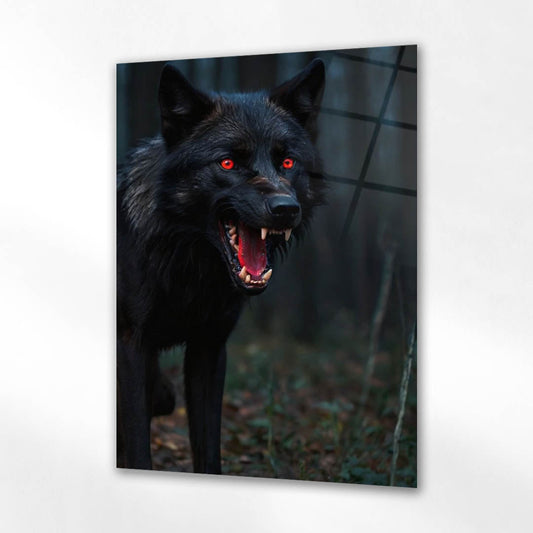 Kırmızı Gözlü Siyah Kurt Cam Tablo