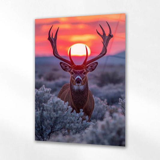Gün Batımı Geyik Doğa Manzaralı Cam Tablo