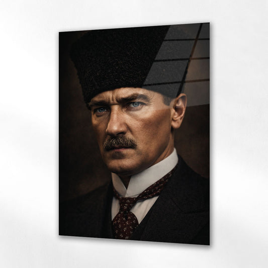 Atatürk Kalpaklı Yakın Plan Klasik Portre Cam Tablo