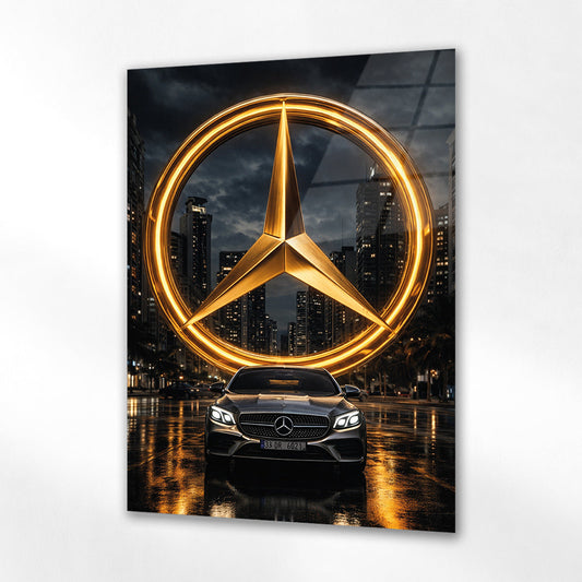 Mercedes-Benz Cam Tablo – İkonik Logo ve Şehir Gecesi Sahnesi