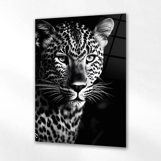 Siyah Beyaz Leopar Portre Cam Tablo