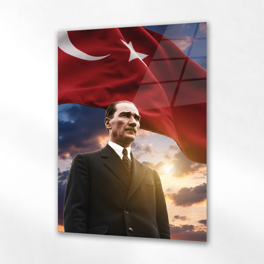 Atatürk Bayraklı Gün Batımı Milli Cam Tablo
