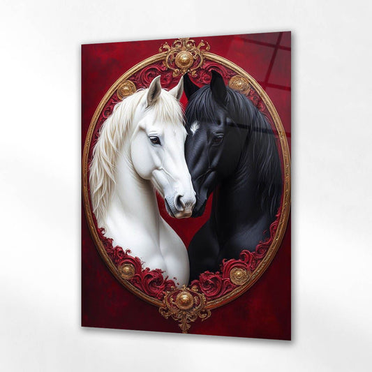 Siyah Beyaz At Kraliyet Çerçeve Cam Tablo