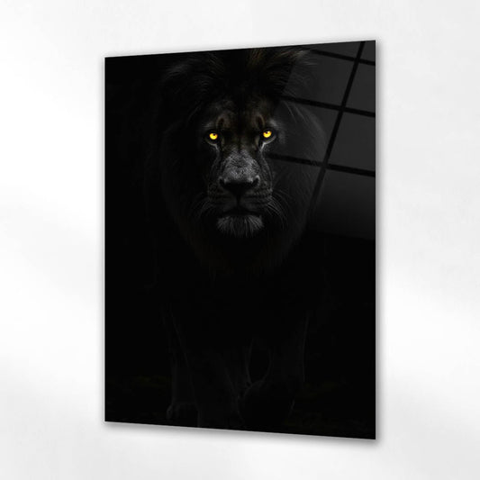 Karanlıkta Siyah Aslan Cam Tablo