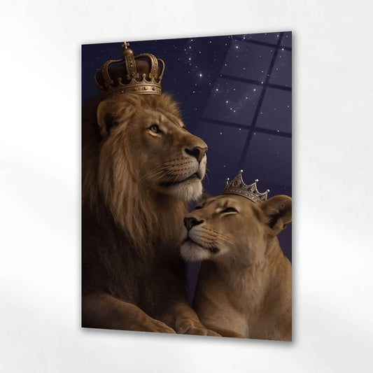 Kral ve Kraliçe Aslan Gece Konsept Cam Tablo