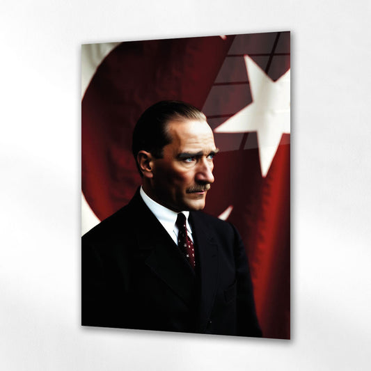 Atatürk Profil Poz Bayraklı Klasik Cam Tablo