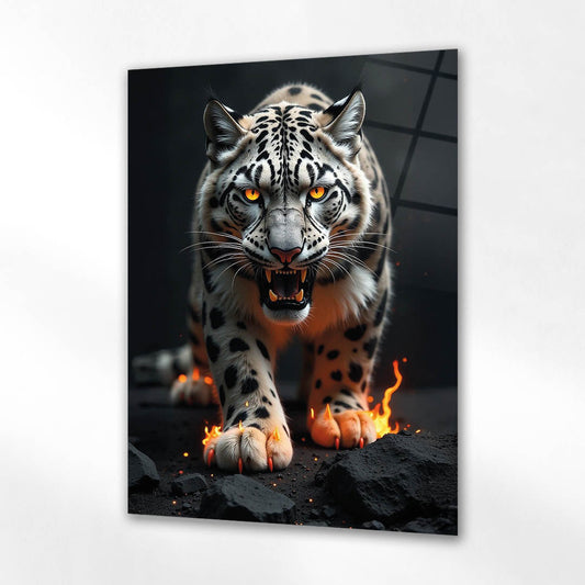 Alevli Kar Leoparı Cam Tablo