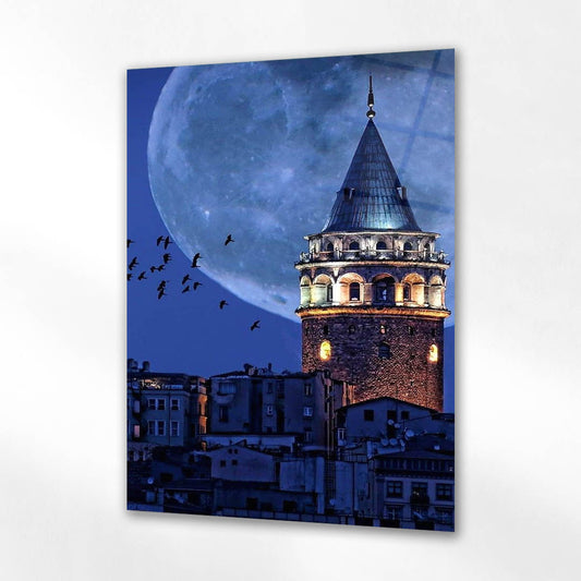 Mavi Gecede Galata Kulesi Cam Tablo