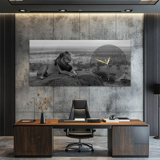 Modern Aslan Temalı Dekoratif Cam Saatli Tablo