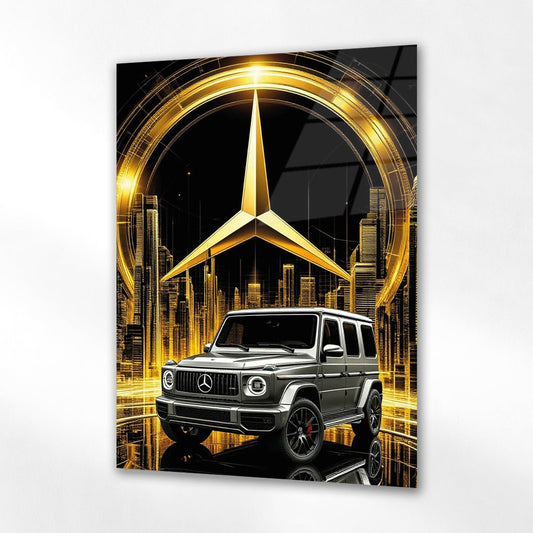 Mercedes-Benz G Serisi Cam Tablo – Altın Logo ve Şehir Sahnesi