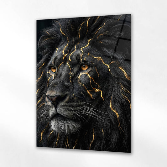 Siyah Aslan Altın Çatlak Efektli Cam Tablo