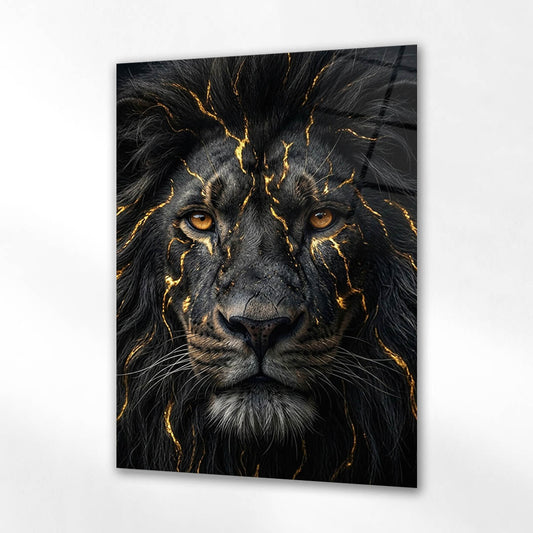 Siyah Aslan Ön Cephe Altın Damar Cam Tablo
