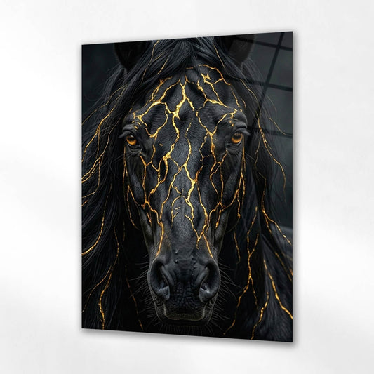 Siyah At Altın Çatlak Desenli Cam Tablo