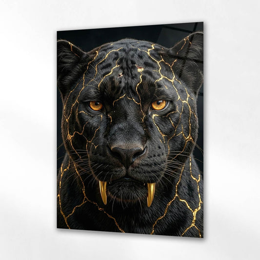 Siyah Panter Altın Çatlak Desenli Cam Tablo