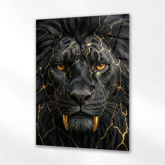 Siyah Aslan Altın Çatlak Lüks Cam Tablo