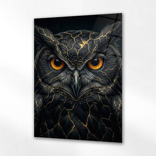 Siyah Baykuş Altın Damarlı Cam Tablo