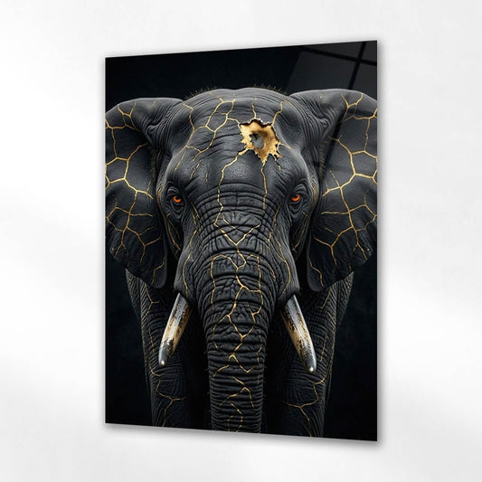 Siyah Fil Altın Çatlak Portre Cam Tablo