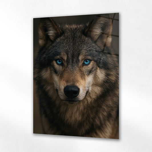 Mavi Gözlü Kurt Karanlık Portre Cam Tablo