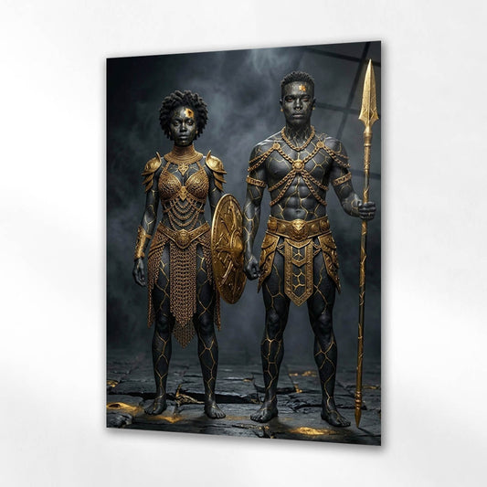Afrika Savaşçı Çift Altın Zırh Cam Tablo