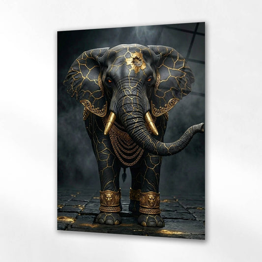Siyah Fil Altın Çatlak Lüks Cam Tablo