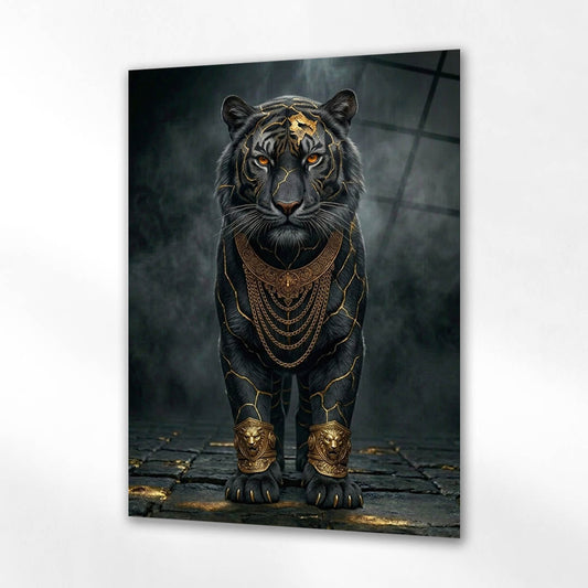 Siyah Kaplan Altın Çatlak Portre Cam Tablo