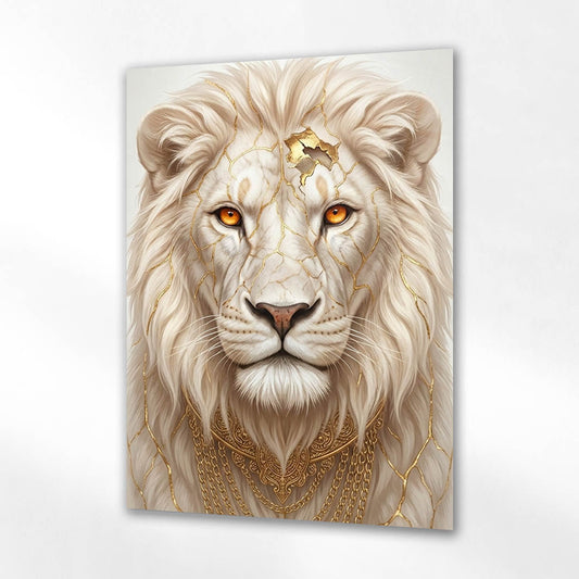 Beyaz Aslan Altın Çatlak Lüks Cam Tablo