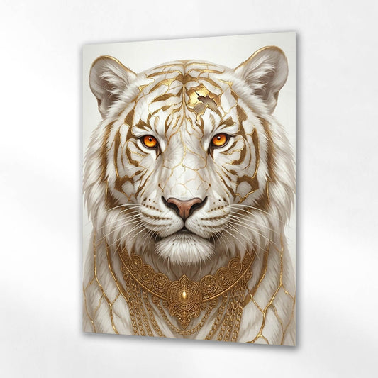 Beyaz Kaplan Altın Desenli Portre Cam Tablo