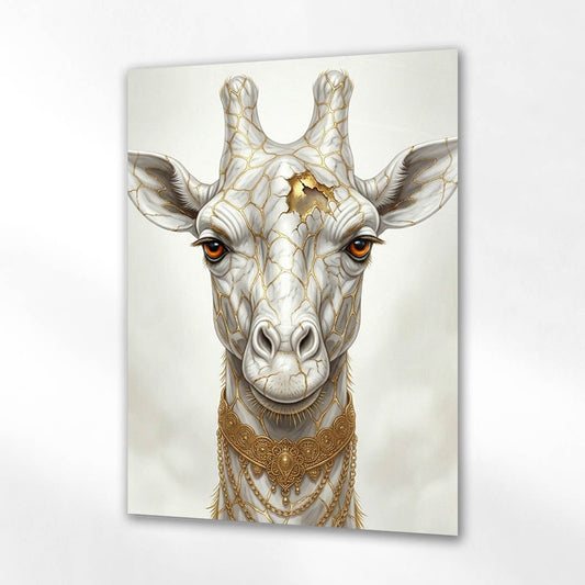 Beyaz Zürafa Altın Damarlı Cam Tablo