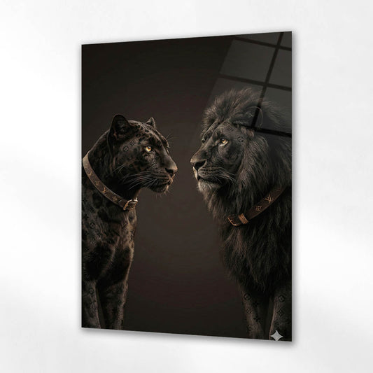Siyah Leopar ve Aslan Karşılaşma Cam Tablo