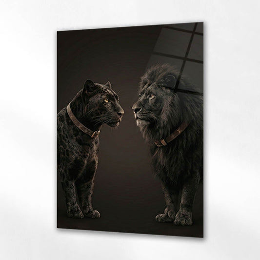 Siyah Leopar ve Aslan Duo Lüks Cam Tablo