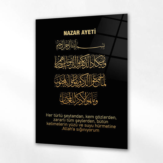 Nazar Ayeti Siyah Gold Hat Yazılı Cam Tablo