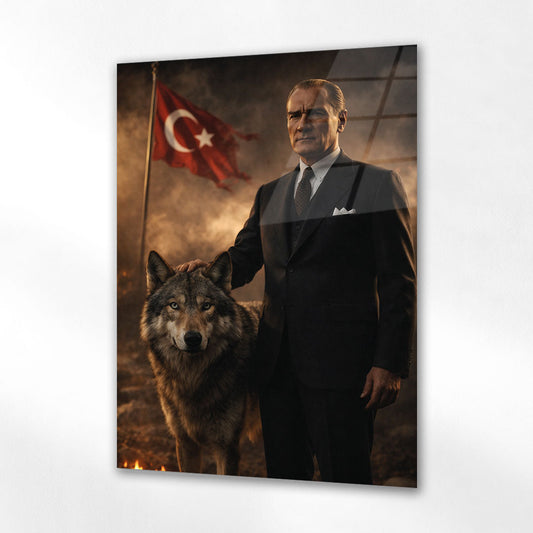Atatürk Kurt Figürlü Milli Güç Cam Tablo - Ev, ofis dekorasyon