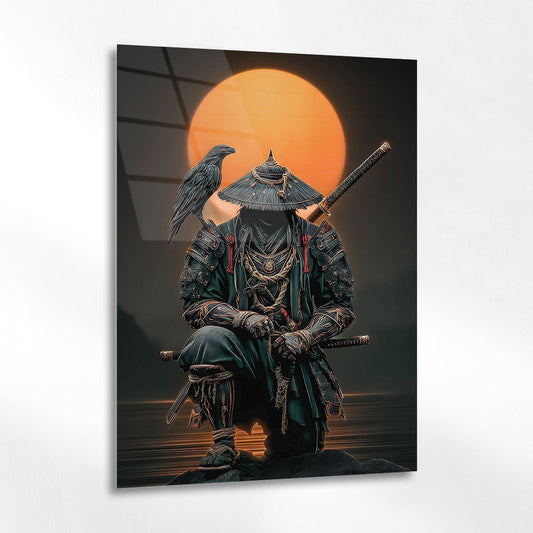 Samuray Savaşçısı Cam Tablo – Güneş Arka Planlı Figür