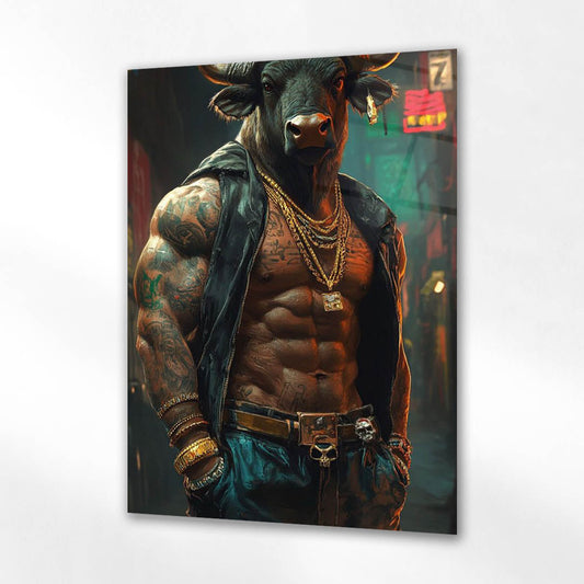 Gangster Boğa Dövmeli Portre Cam Tablo