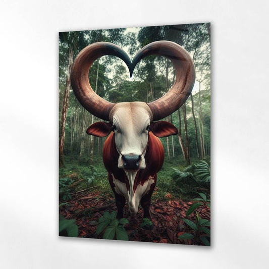 Kalp Boynuzlu Boğa Orman Cam Tablo