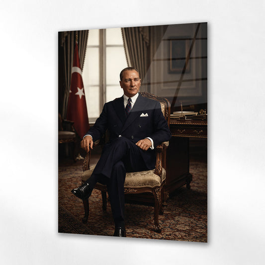 Atatürk Makam Odası Oturan Devlet Adamı Cam Tablo
