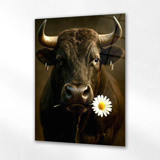 Papatyalı Siyah Boğa Portre Cam Tablo
