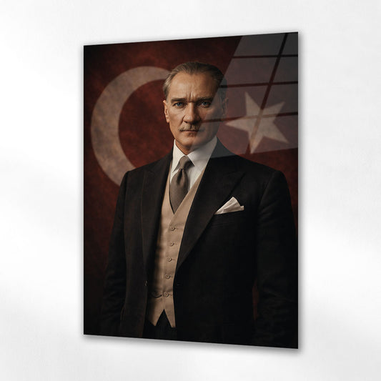 Atatürk Bayraklı Klasik Vestiyer Portre Cam Tablo