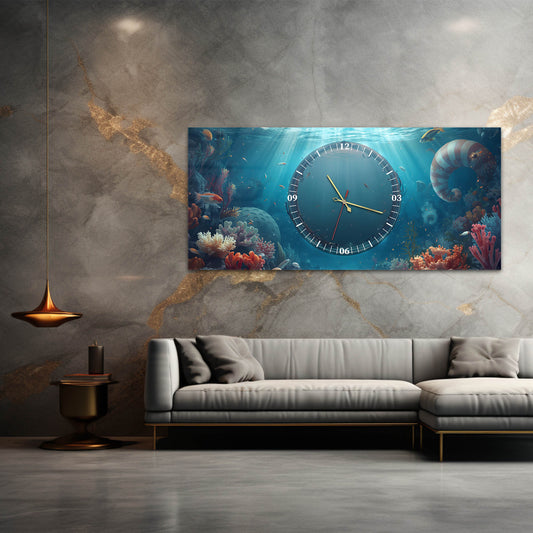 Okyanus Altı Temalı Modern - Saatlı Cam Tablo