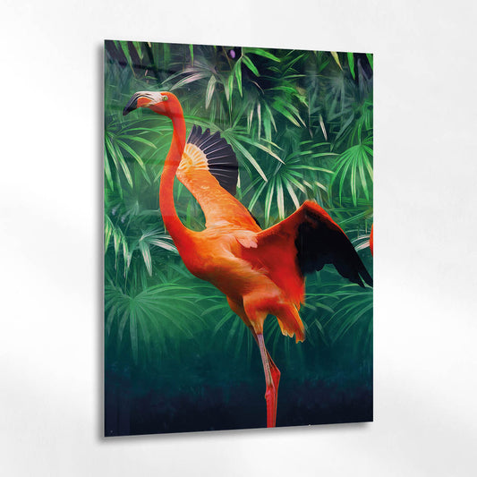 Tropikal Flamingo ve Yeşil Yapraklar Cam Tablo