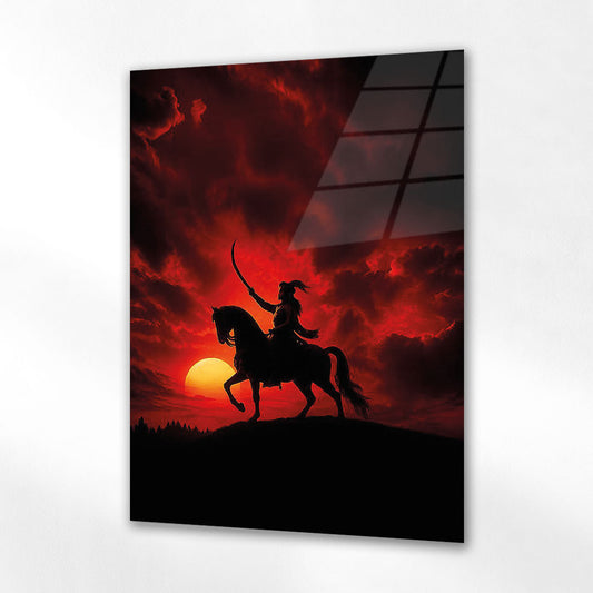 Alp Atlı Savaşçı Gün Batımı Epik Cam Tablo