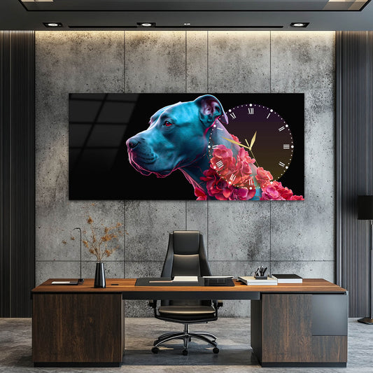 Neon Mavi Köpek Figürlü Cam Saatli Tablo