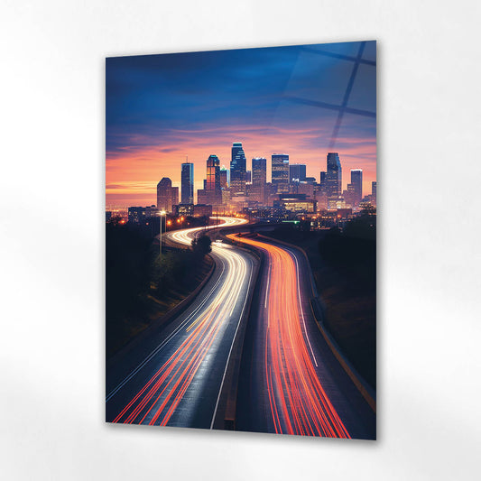 Modern Şehir Işık Yolu Gece Manzarası Cam Tablo