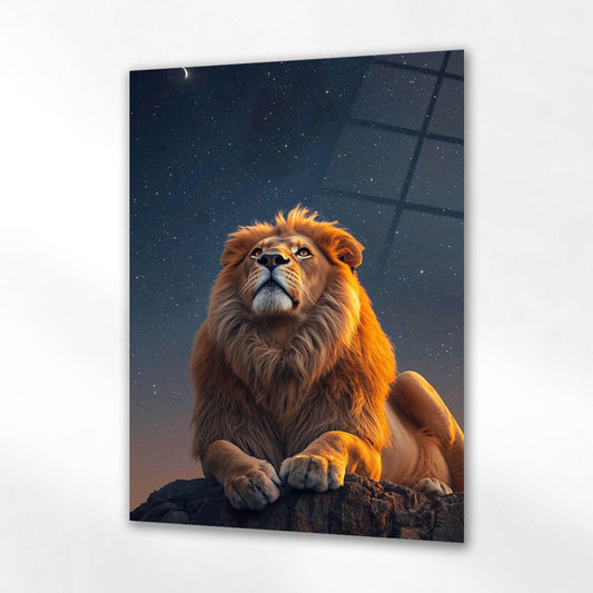 Gece Yıldızlı Aslan Epik Cam Tablo