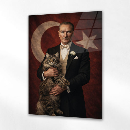 Atatürk Kedi ile Bayrak Önünde Portre Cam Tablo