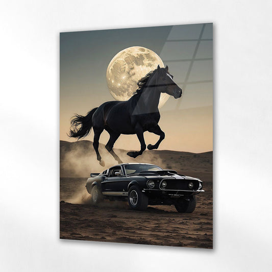 Mustang ve At Kompozisyonu Cam Tablo – Efsanevi Güç