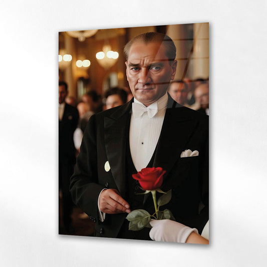 Atatürk Gala Gecesi Kırmızı Güllü Portre Cam Tablo