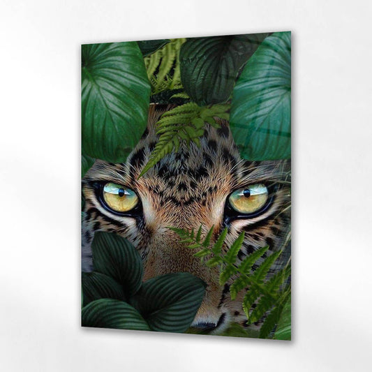 Orman İçinde Leopar Göz Detay Cam Tablo